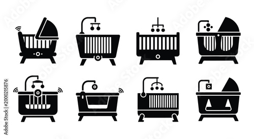 Baby crib icons set black silhouette on white background