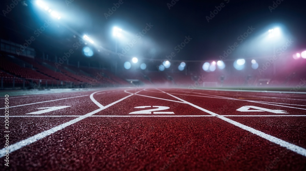 Fototapeta premium Empty athletics track at night with white lane lines and stadium floodlights.
