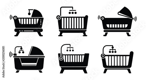 Baby crib icons set black silhouette on white background