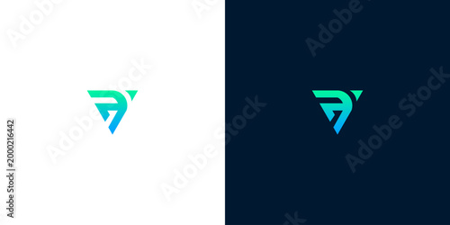 Abstract geometric lettermark logo design with a gradient of blue and green on white and dark blue backgrounds, symbolizing innovation and technology