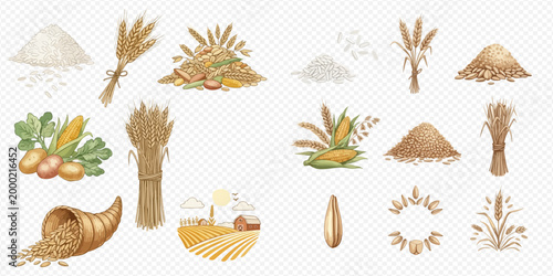 Collection of various agricultural products including wheat, corn, potatoes, and flour, representing harvest and farming.