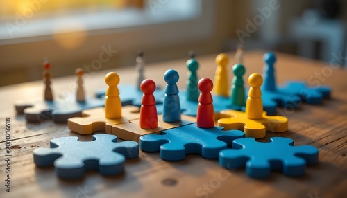 Colorful puzzle pieces and wooden peg people figures arranged on a wooden table, symbolizing teamwork, collaboration, diversity, and putting together the bigger picture.