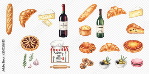 Watercolor illustration of French food elements including baguettes, croissants, cheese, wine, and pastries on a transparent background.