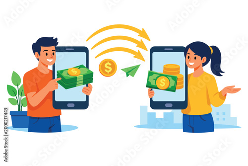 Peer to peer payment showing money transfer between mobile devices online