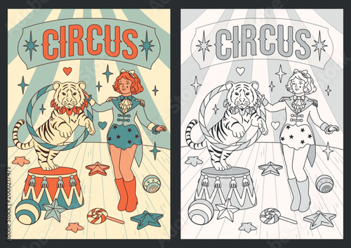 Cheerful vintage circus set featuring a tiger jumping through a hoop with its trainer. Includes monochrome coloring page and richly painted companion piece.