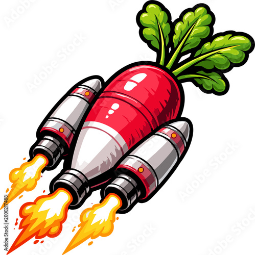 A radish transformed into a rocket booster, complete with engines and fiery exhaust, symbolizing a healthy and innovative launch or growth.