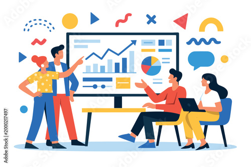 Creative team planning strategy using charts sticky notes and visual collaboration board