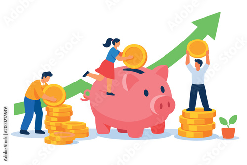 Financial savings concept with people putting coins into piggy bank for growth