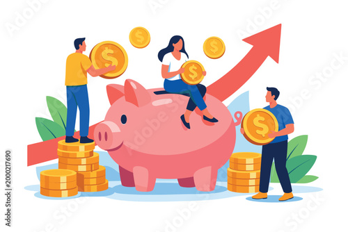 Financial savings concept with people putting coins into piggy bank for growth