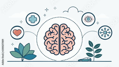 Brain with mental health symbols around.