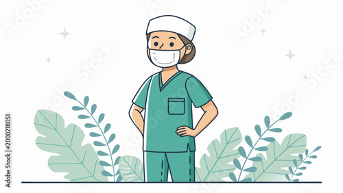 Cartoon doctor in green scrubs standing.