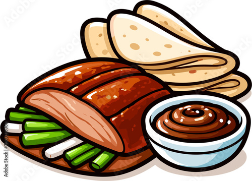 A simple vector illustration of roasted duck slices served with scallions and pancakes, accompanied by a small bowl of dipping sauce.