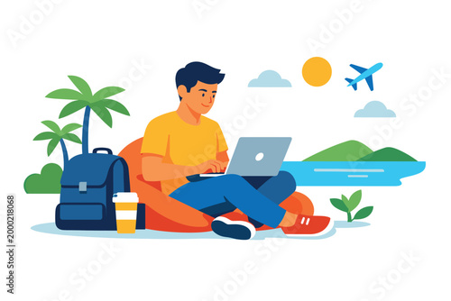 Remote worker using laptop outdoors enjoying flexible digital nomad lifestyle