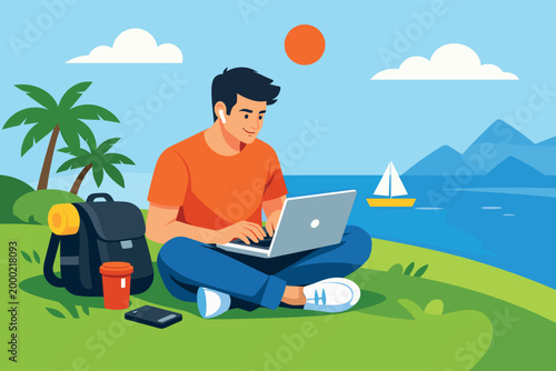 Remote worker using laptop outdoors enjoying flexible digital nomad lifestyle
