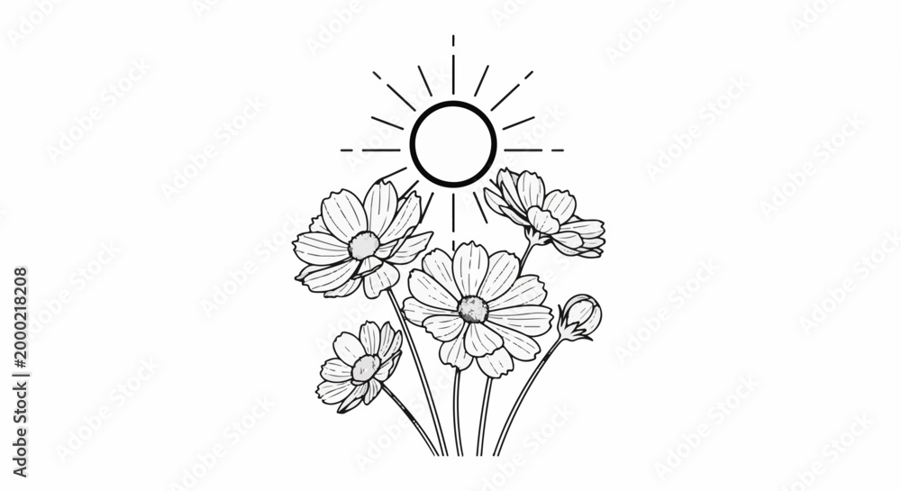 Fototapeta premium Stylized sun shining on a bouquet of blooming daisies with a bud