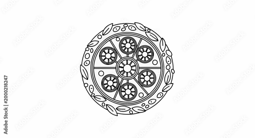 Obraz premium Ornate circular design featuring multiple interconnected wheels and decorative foliage