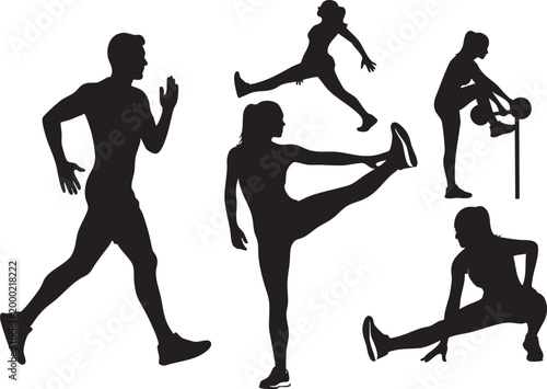 Silhouette of people exercising and stretching in various poses