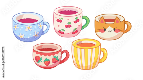 Set of cute mugs. Cute drawn cups, mugs, drinks on white background. Vector cartoon illustration