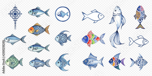 Set of various watercolor fish illustrations, including colorful, abstract, and traditional designs, perfect for aquatic themes.