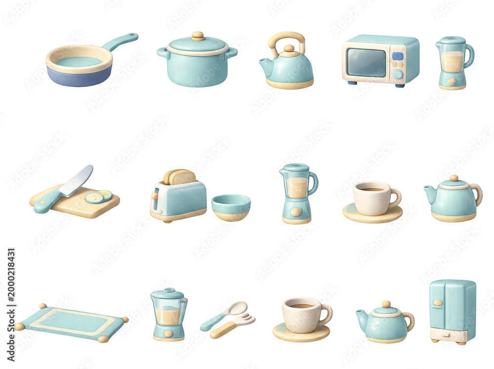 Obraz premium Cute 3D Kitchen Icon Set in Kawaii Pastel Style with Cooking Appliances Isolated PNG
