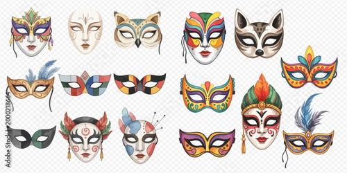 Collection of vibrant and ornate Venetian carnival masks with feathers and intricate designs, perfect for celebrations and mystery.