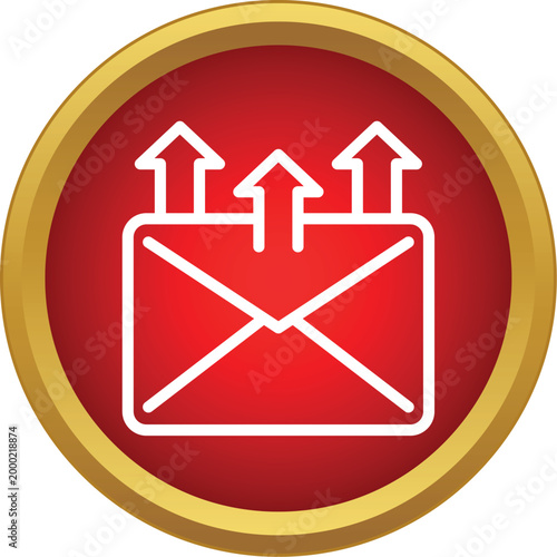 Red circle icon showing an email envelope with three arrows pointing up, representing sending or outreach
