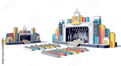 Stylized illustration of a vibrant summer festival stage setup and seating arrangement, rendered with a cheerful and energetic mood on a clean white background, offering a whimsical