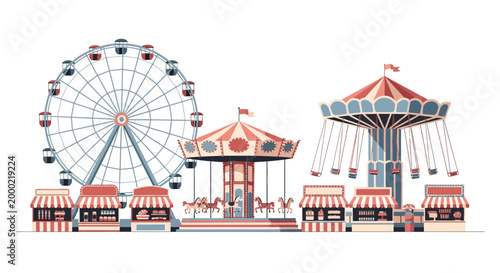 Wide, eye-level illustration of a vibrant summer festival scene featuring a carousel, swing ride, and Ferris wheel, all in front of concession stands, set against a stark white background