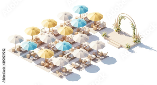 Isometric view of a summer festival setup featuring beach umbrellas and lounge chairs in a staged design, with a wedding archway on a platform, all against a clean white background
