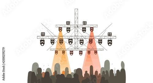 Stylized illustration of a crowd silhouette enjoying a summer festival performance beneath a complex stage lighting rig with vibrant orange and red spotlights, set against a clean white