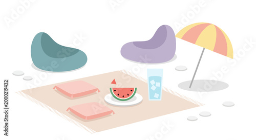 A whimsical, pastel-colored illustration depicts a summer festival picnic scene with watermelon slices and a refreshing drink on a blanket, sheltered by a striped umbrella, beside two