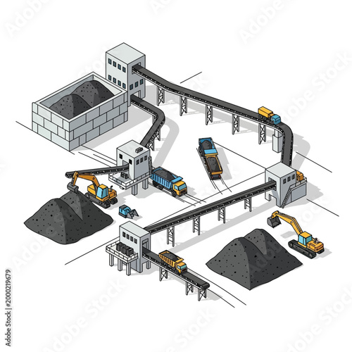 Industrial Coal Mining and Transportation Process Isometric Illustration