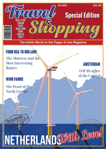Travel and Shopping Magazine Fake Cover. Netherlands with Love. Offshore Wind Farm Tourist Attraction Illustration. Netherlands Flag, Vector Template for Touristic Illustrations, Posters, Covers