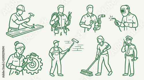 A collection of diverse professional workers engaged in their respective trades, depicted in a simple, illustrative line art style.