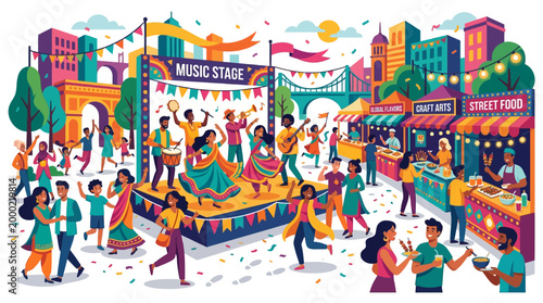 People dancing on music festival stage.