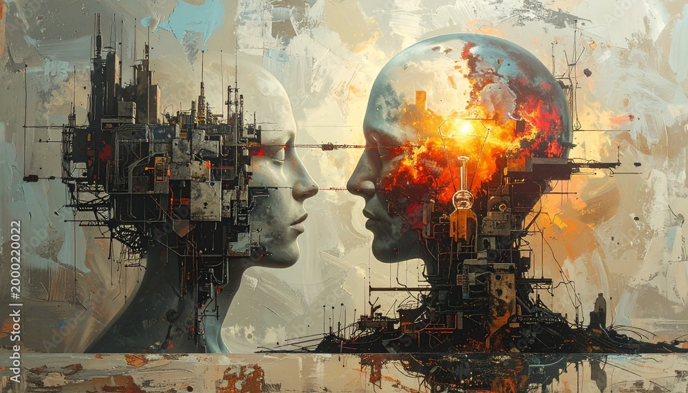 Obraz premium Abstract Surrealist Art Depicting Two Heads in Dialogue.