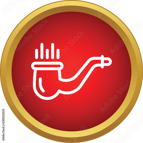 Smoking pipe icon with smoke lines on a red background with gold border