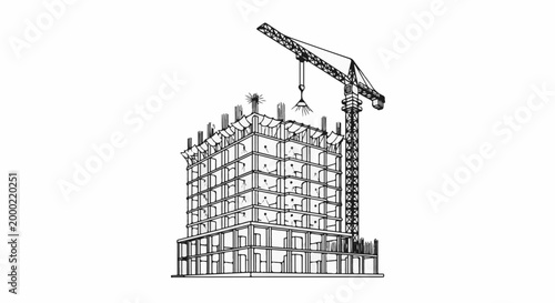 Outline sketch of a multi-story building under construction with a crane