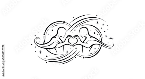 Two people forming a heart shape with their hands, abstract design.