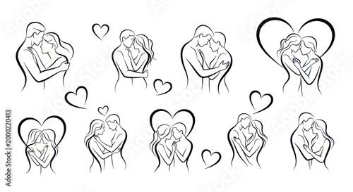 Minimalist line art sketches of romantic couples in various intimate poses with hearts