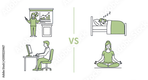 Work life balance concept with office presentation desk work sleeping and yoga meditation icons
