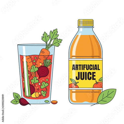 Fresh Vegetable Juice in Glass and Bottle with "Artificial Juice" Label
