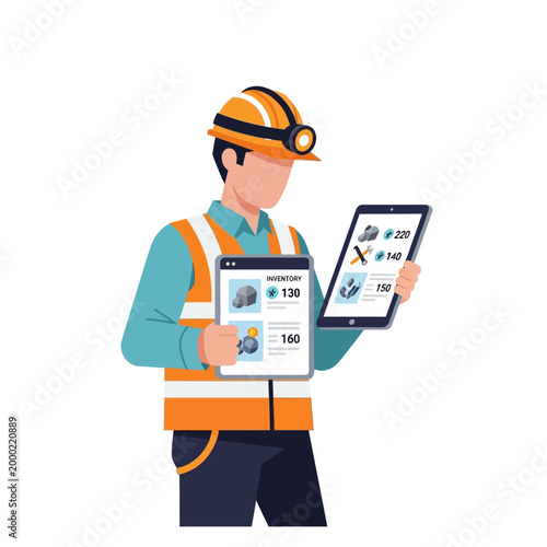 Miner holding tablet with geological data and tools, safety vest and helmet
