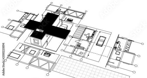 house with consoles plan 3d illustration	
