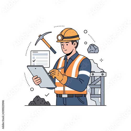 Miner Inspecting Rock Samples with Clipboard and Pickaxe, Mining Industry Concept