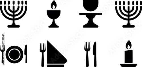 Set of Jewish holiday table icons including menorah wine goblet candles and dining utensils black vector illustration isolated background