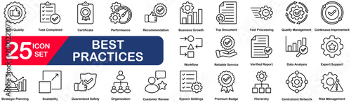 Best practices icon set in line style. workflow, optimization, performance, standard, improvement, procedure, collection Editable line icons. Vector illustration