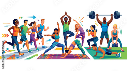 People doing various fitness exercises outside.