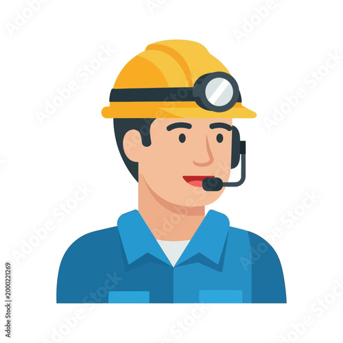 Miner wearing yellow hard hat with headlamp, blue uniform, and headset, isolated on white.