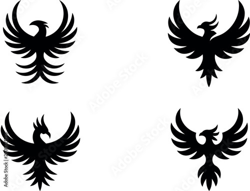  Set of phoenix bird silhouettes with spread wings mythical fire bird symbols black vector illustration isolated on white background